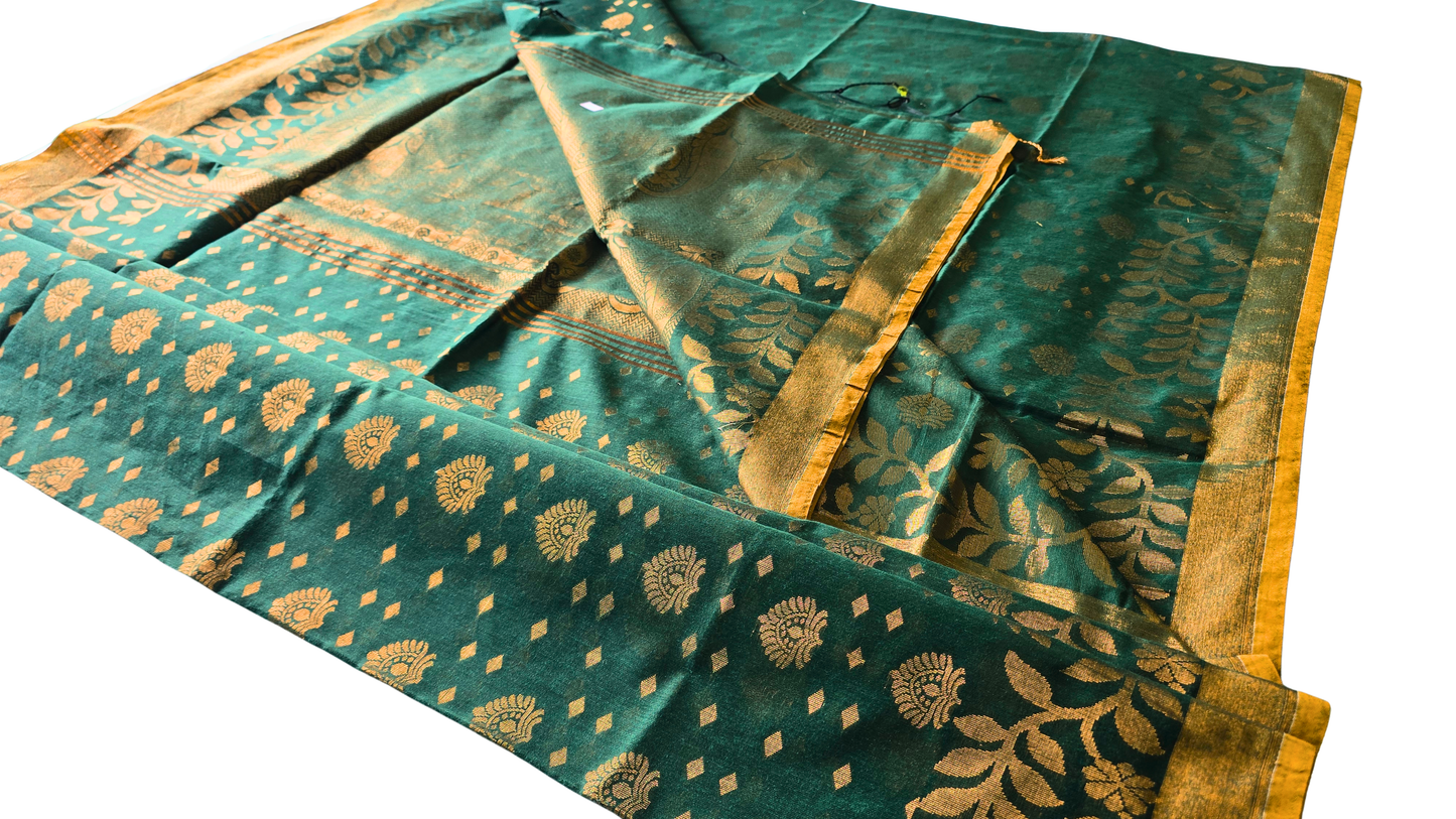 Majestic Green Handloom Banarasi Saree with Golden Floral Zari