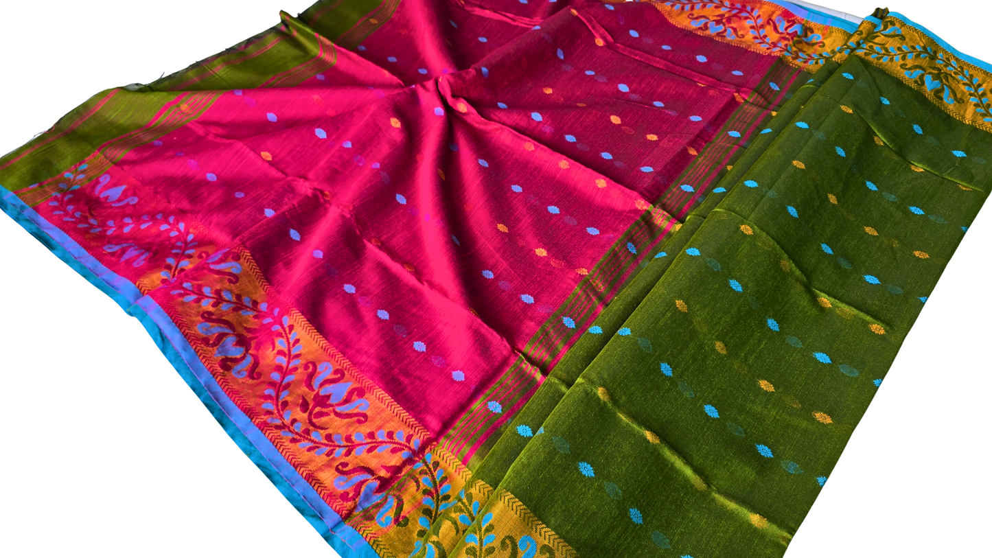 Vibrant Green & Magenta Slab Cotton Saree with Floral Zari